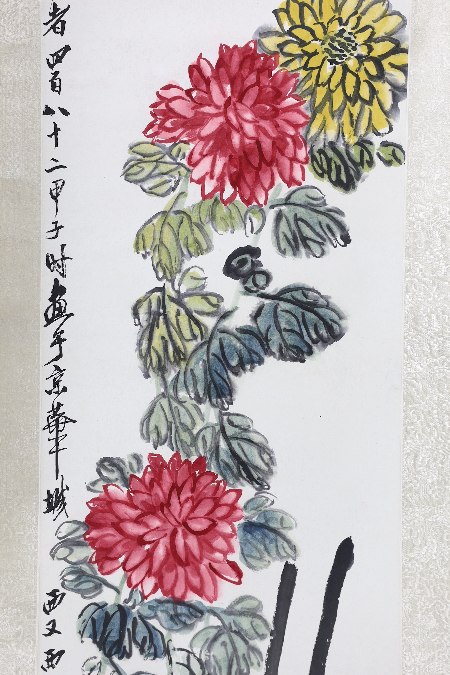 Qi Baishi (1864-1957), Bee and chrysanthemums, ink and colour on paper scroll painting, inscribed and with seal mark, Image 101cm x 33cm